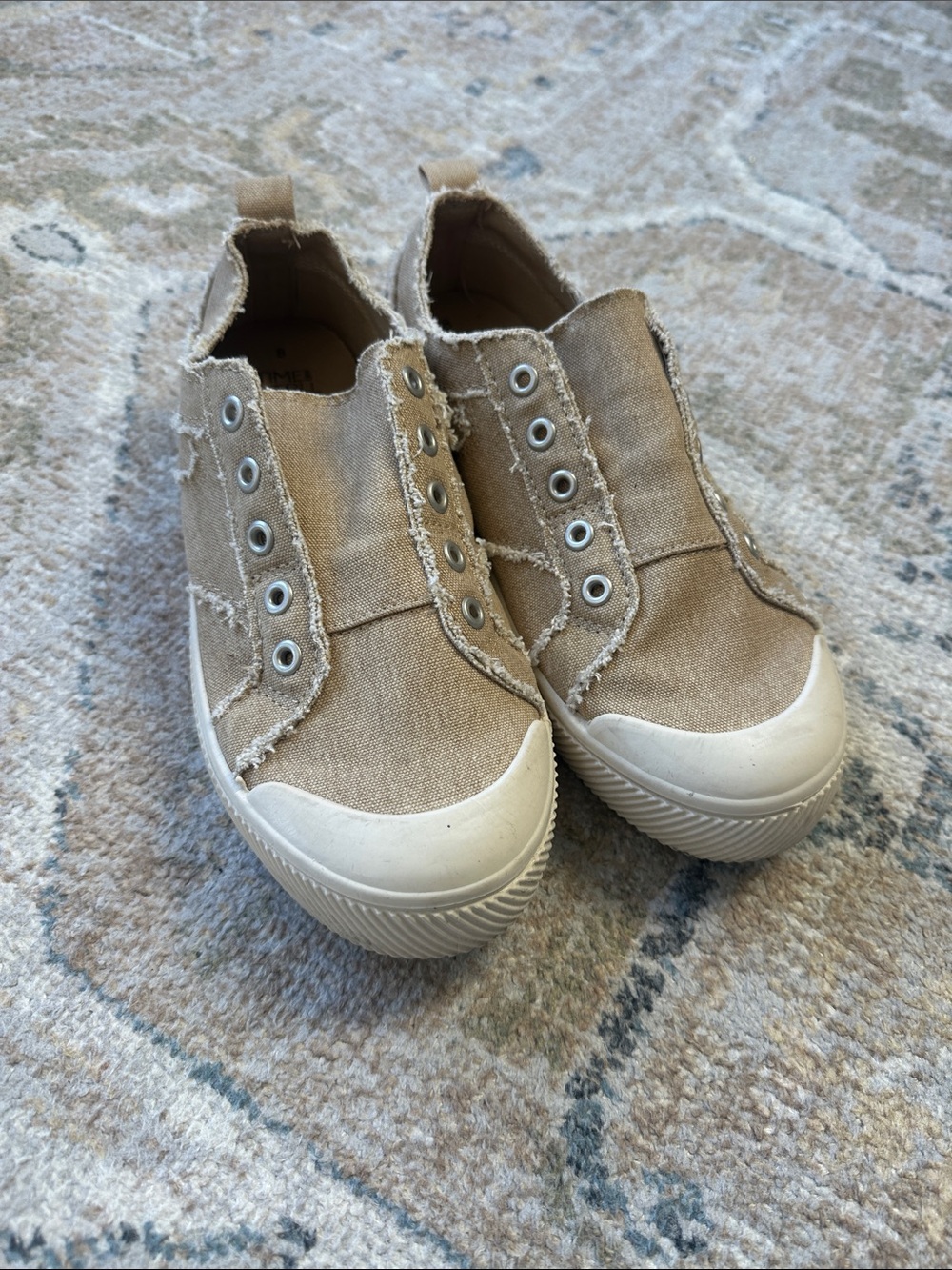 Time and Tru Frayed Slip-On Canvas Sneakers in Tan